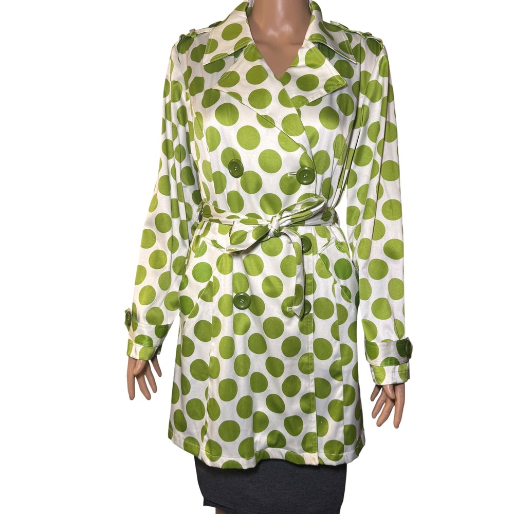 Peck & Peck Collection Green Polka Dot Trench Coat Belted Jacket Womens‎ Small